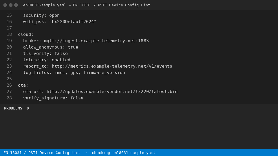 EN 18031 / PSTI Device Config Lint — finds the line