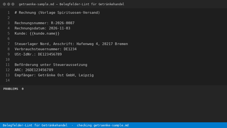 Belegfelder-Lint für Getränkehandel — finds the line