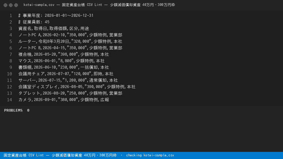 固定資産台帳 CSV Lint — 少額減価償却資産 40万円・300万円枠 — finds the line