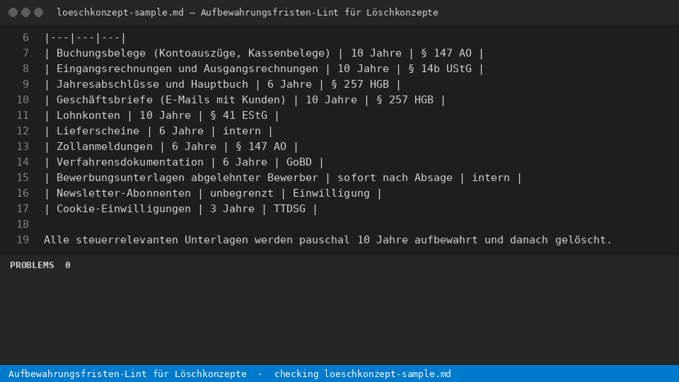 Löschkonzept-Prüfer – Aufbewahrungsfristen 2026 — finds the line