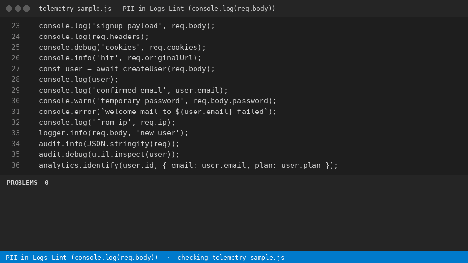 PII-in-Logs Lint (console.log(req.body)) — finds the line