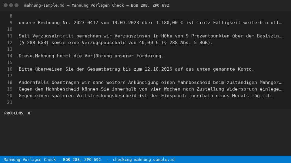 Mahnung Vorlagen Check – BGB 288, ZPO 692 — finds the line