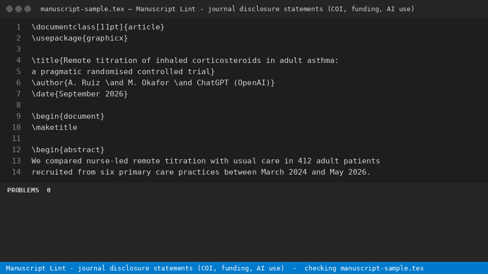 Manuscript Lint - journal disclosure statements (COI, funding, AI use) — finds the line