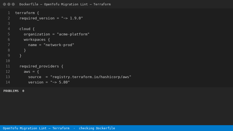 OpenTofu Migration Lint — Terraform — finds the line