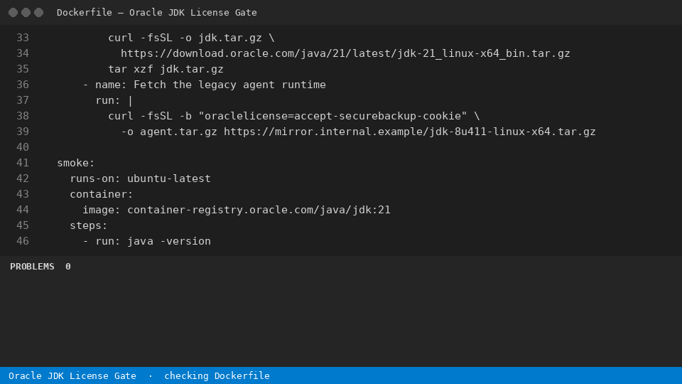 Oracle JDK License Gate — finds the line