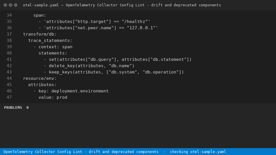 OpenTelemetry Collector Config Lint - drift and deprecated components — finds the line