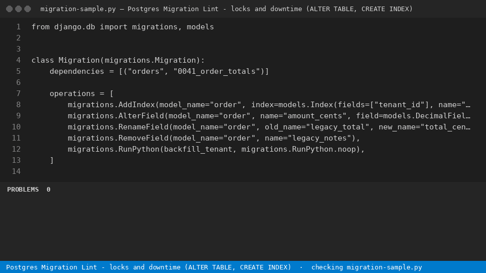 Postgres Migration Lint - locks and downtime (ALTER TABLE, CREATE INDEX) — finds the line