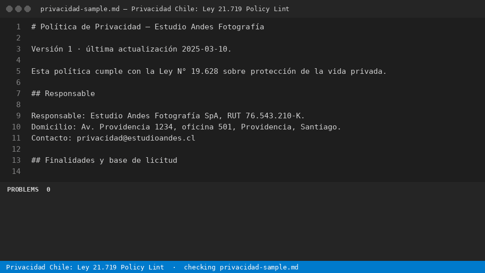 Privacidad Chile: Ley 21.719 Policy Lint — finds the line