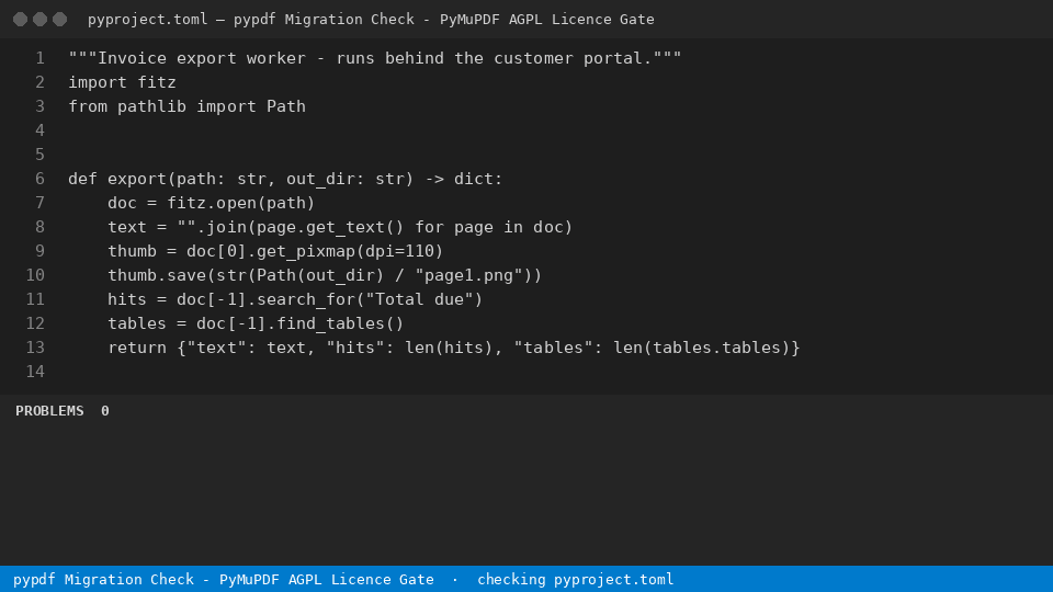 pypdf Migration Check - PyMuPDF AGPL Licence Gate — finds the line