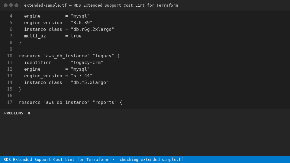 RDS Extended Support Cost Lint for Terraform — finds the line