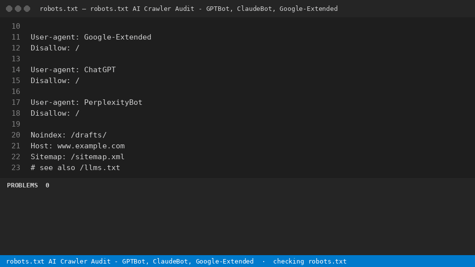 robots.txt AI Crawler Audit - GPTBot, ClaudeBot, Google-Extended — finds the line