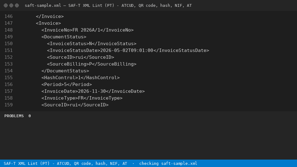 SAF-T XML Lint (PT) - ATCUD, QR code, hash, NIF, AT — finds the line