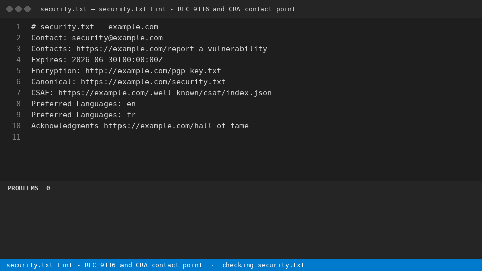 security.txt Lint - RFC 9116 and CRA contact point — finds the line