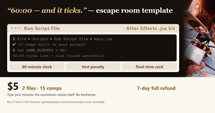 Escape Room Template for After Effects — 28 Comps: Countdown Timer, Hint Cards, ESCAPED / TIME'S UP (.jsx script)