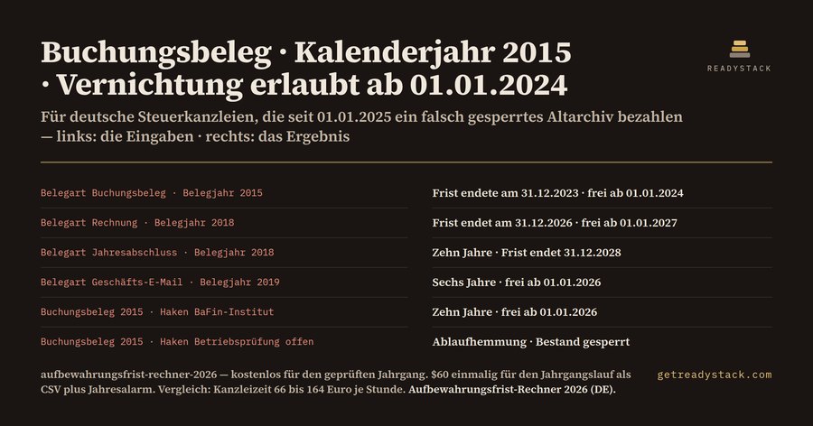 Aufbewahrungsfrist-Rechner 2026 — frühestes Vernichtungsdatum nach §147 AO und §257 HGB