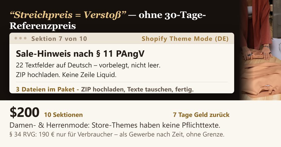 Shopify Theme Mode – Damen- & Herrenmode Onlineshop auf Deutsch (10 Sektionen, DE-Pflichttexte)