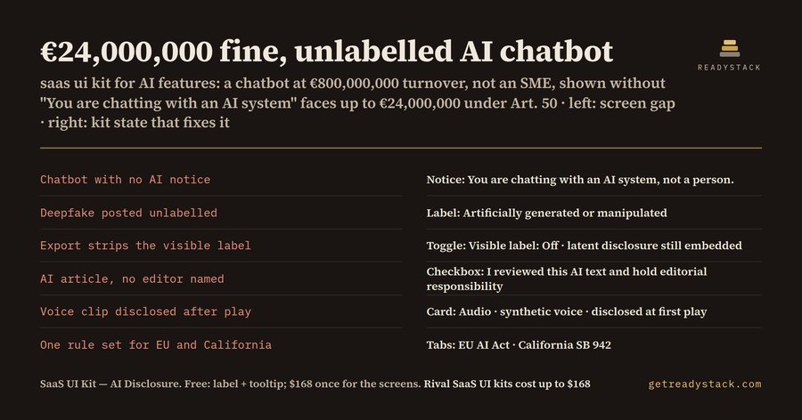 SaaS UI Kit — AI Disclosure Labels for EU AI Act Art. 50 & California SB 942 (Figma + Sketch)