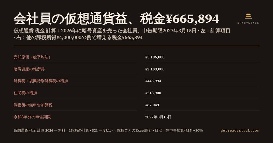 仮想通貨 税金 計算 2026｜令和8年分の暗号資産の雑所得と税額（国税庁の総平均法）