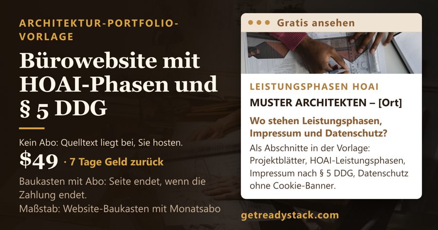 Architektur Portfolio Vorlage – Website für Architekturbüros zum Selbst-Hosten: Projektblätter, HOAI-Leistungsphasen, Impressum nach § 5 DDG und Datenschutzerklärung ohne Cookie-Banner