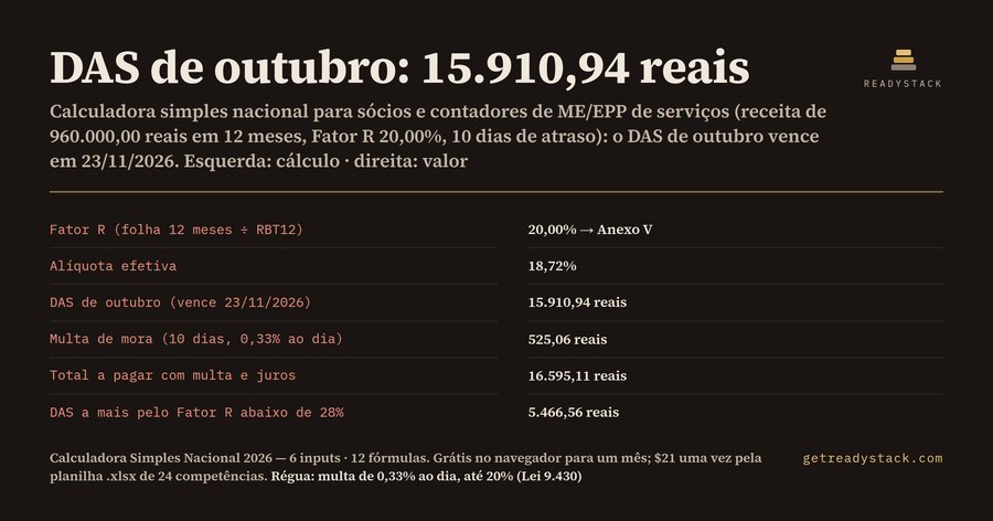 Calculadora Simples Nacional: o DAS de outubro/2026 vence em 23/11