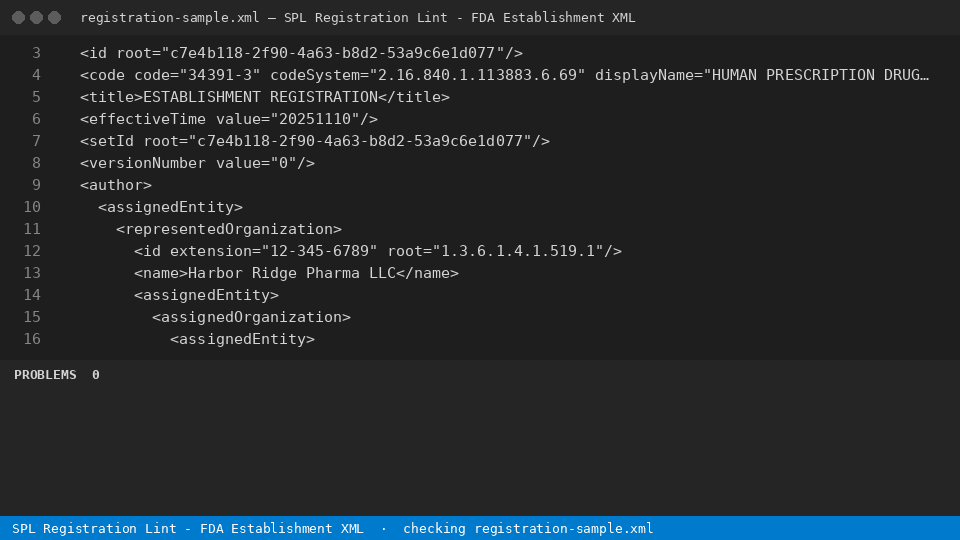 SPL Registration Lint - FDA Establishment XML — finds the line