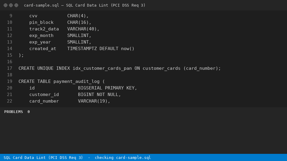 SQL Card Data Lint (PCI DSS Req 3) — finds the line