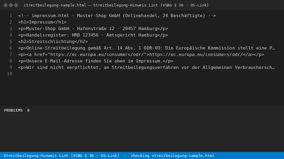 Streitbeilegung-Hinweis Lint (VSBG § 36 · OS-Link) — finds the line