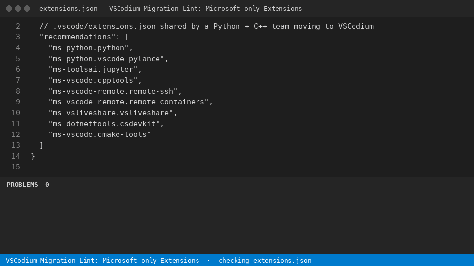 VSCodium Migration Lint: Microsoft-only Extensions — finds the line