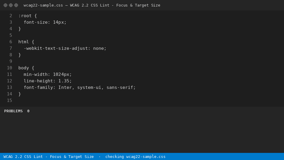 WCAG 2.2 CSS Lint - Focus & Target Size — finds the line