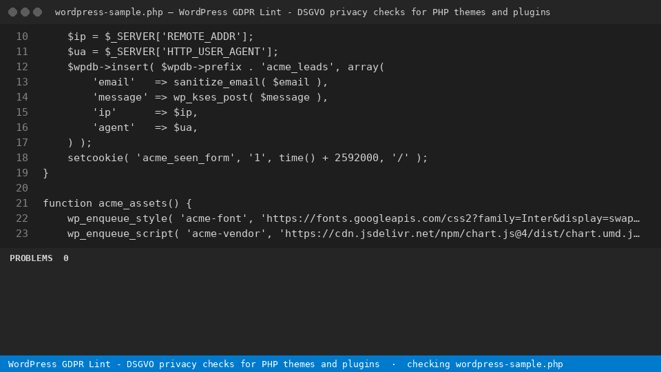 WordPress GDPR Lint - DSGVO privacy checks for PHP themes and plugins — finds the line