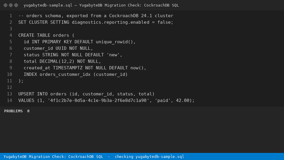 YugabyteDB Migration Check: CockroachDB SQL — finds the line